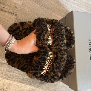 Balenciaga Furry Leopard Print Slippers